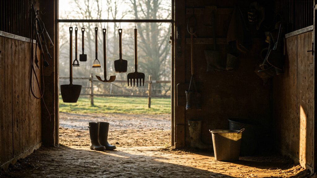 Backlit view inside a barn showing farm tools hanging above an open doorway