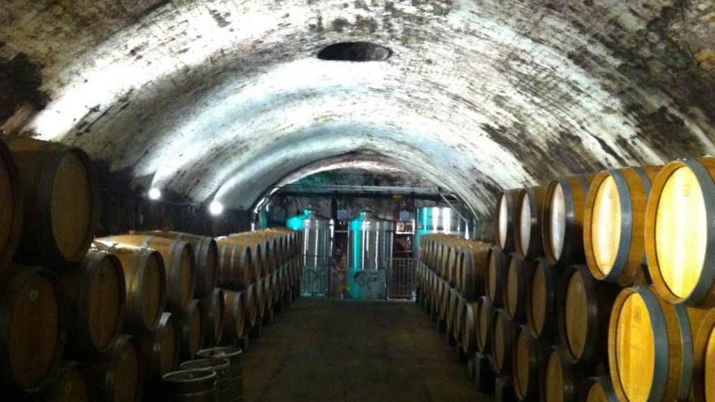 Historic underground wine storage facility in Hermann, Missouri with rows of wine in oak barrels.
