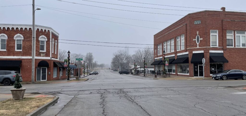 Historic brick buildings along Main Street in downtown Kearney, Missouri