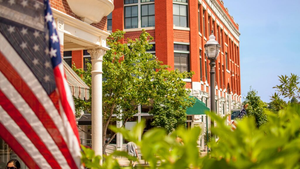 Historic brick buildings and streets in downtown Fayetteville, Arkansas.