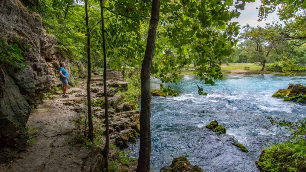 A wooded trail and clear spring-fed river near Springfield, Missouri.